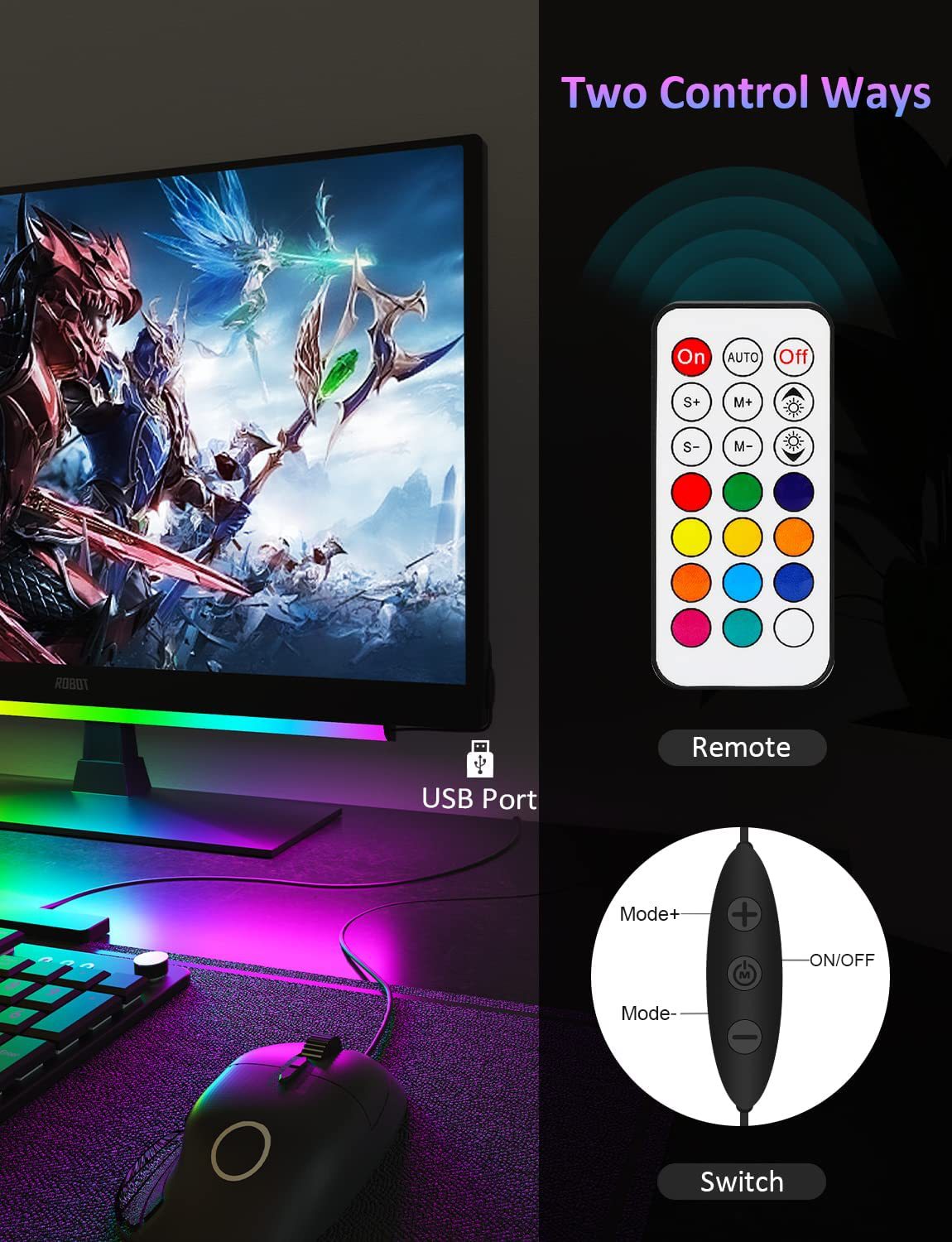 1 Piece RGB LED Gaming Light Bar - Dual Color Temperature & Adjustable RGB Effects, USB-Powered Backlight for Monitors, Remote & Button Control, 30cm Lightweight Design 6