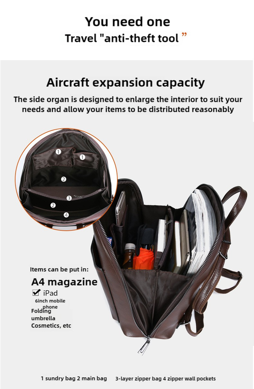 Black Stylish Women's PU Leather Backpack – Spacious, Anti-Theft, Multi-Pocket Travel Bag for School or Work 4