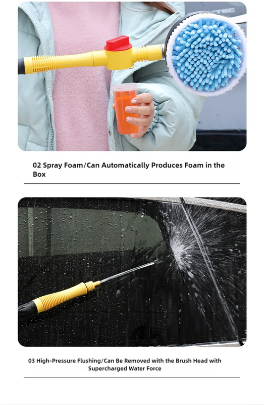 Yellow and Black Rotating Car Washing Brush with Foam Sprayer, High-Pressure Cleaning Tool, 5m Hose Kit for Convenient Vehicle Cleaning 4