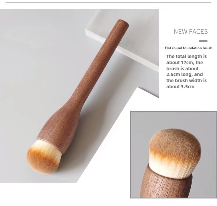 Flat Round Foundation Brush Walnut Wood Makeup Brush Set - Powder, Blush, and Contour Brushes with Soft Fiber Bristles