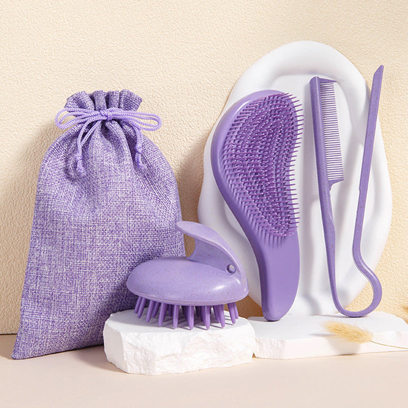 2 Pcs Purple Eco-Friendly Wheat Straw Hair Care Set - Massage Brush, Detangling Comb, and V-shaped Comb for All Hair Types