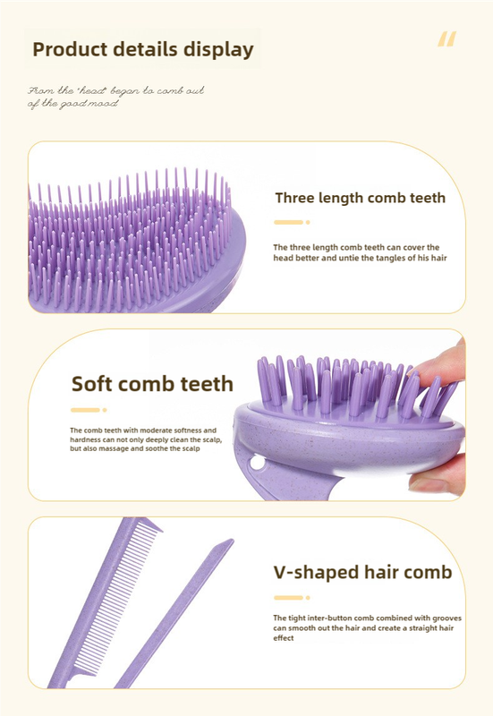 2 Pcs Pink Eco-Friendly Wheat Straw Hair Care Set - Massage Brush, Detangling Comb, and V-shaped Comb for All Hair Types 4