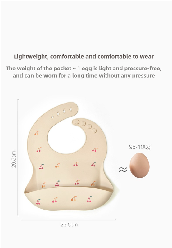 Cherry Pattern Beige Soft and Safe Silicone Baby Feeding Set – Bib, Bowl, and Spoon Combo for Mess-Free Meals 3