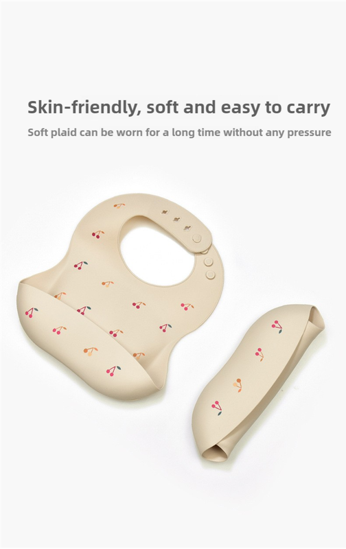 Cherry Pattern Beige Soft and Safe Silicone Baby Feeding Set – Bib, Bowl, and Spoon Combo for Mess-Free Meals 5