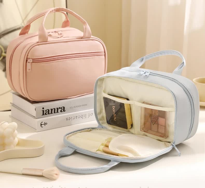 Pink Premium PU Leather Portable Makeup Bag - Large Capacity Waterproof Travel Cosmetic Organizer(Cosmetics are shooting props, not included) 3