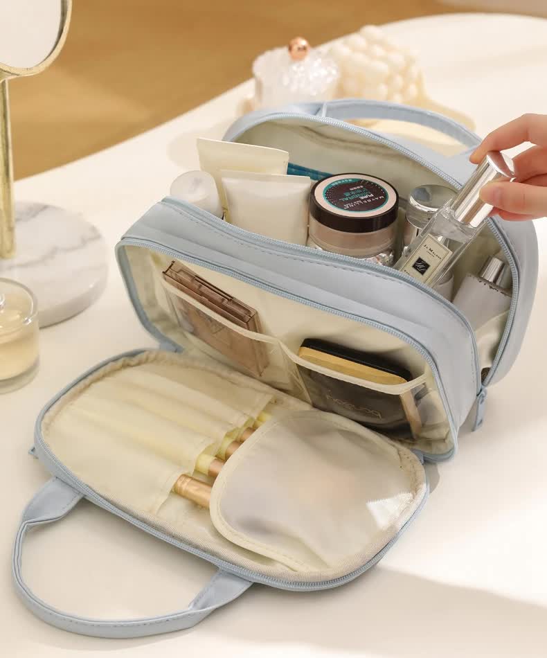 Off White Premium PU Leather Portable Makeup Bag - Large Capacity Waterproof Travel Cosmetic Organizer(Cosmetics are shooting props, not included) 6