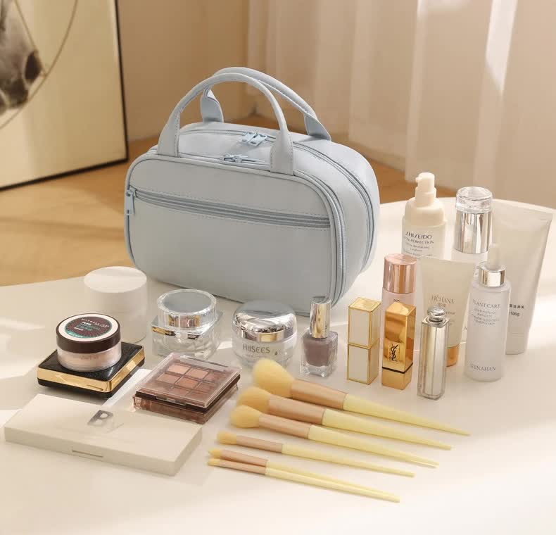 Black Premium PU Leather Portable Makeup Bag - Large Capacity Waterproof Travel Cosmetic Organizer(Cosmetics are shooting props, not included) 6