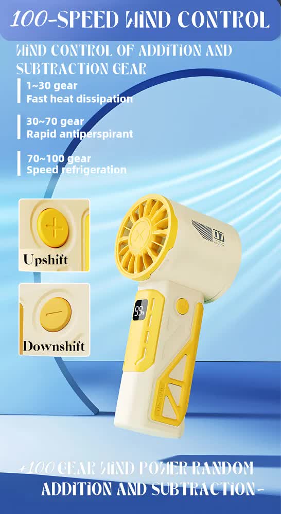Yellow 100-Speed Mecha Handheld Fan | USB Rechargeable High-Speed Mini Fan | Powerful & Silent | Lightweight 150g with 6-8 Hour Battery Life 5