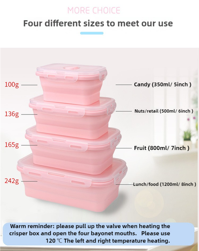 Pink Collapsible Silicone Bento Box Set – 4-Piece Food-Grade Microwave & Freezer Safe Lunch Box Set 5