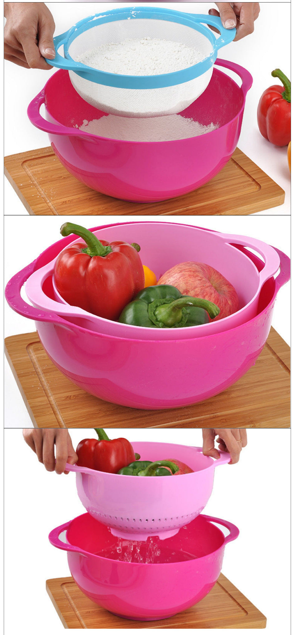 Light Pink 8-Piece Baking Tool Set - Measuring Cups, Spoons, Rainbow Mixing Bowls, Vegetable Washing Basket, and Flour Sifter 3