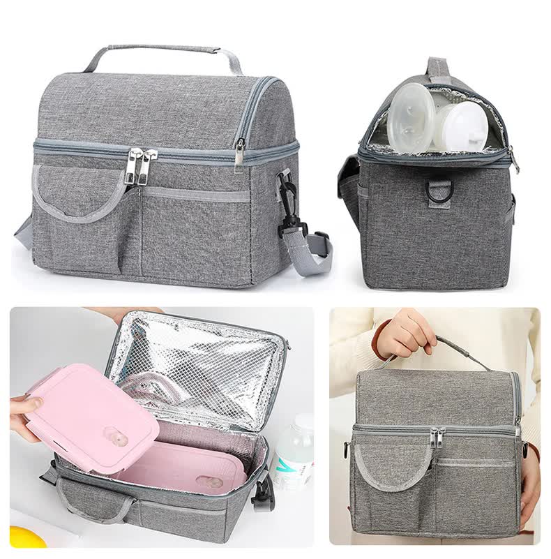 Grey Large Insulated Breast Milk Storage Bag, Dual Layer with Aluminum Foil Lining, Waterproof Oxford Fabric, Portable Handheld Food Container 3