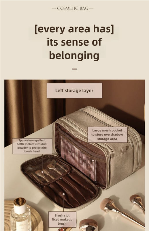 Brown Large Capacity Makeup Organizer Bag - Travel-Friendly Double-Zip Cosmetic Storage Case for Women(Makeup items are shooting props and are not included) 3