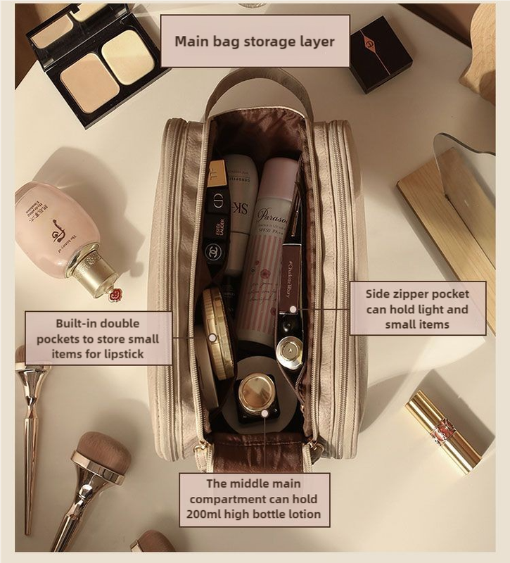 Brown Large Capacity Makeup Organizer Bag - Travel-Friendly Double-Zip Cosmetic Storage Case for Women(Makeup items are shooting props and are not included) 4