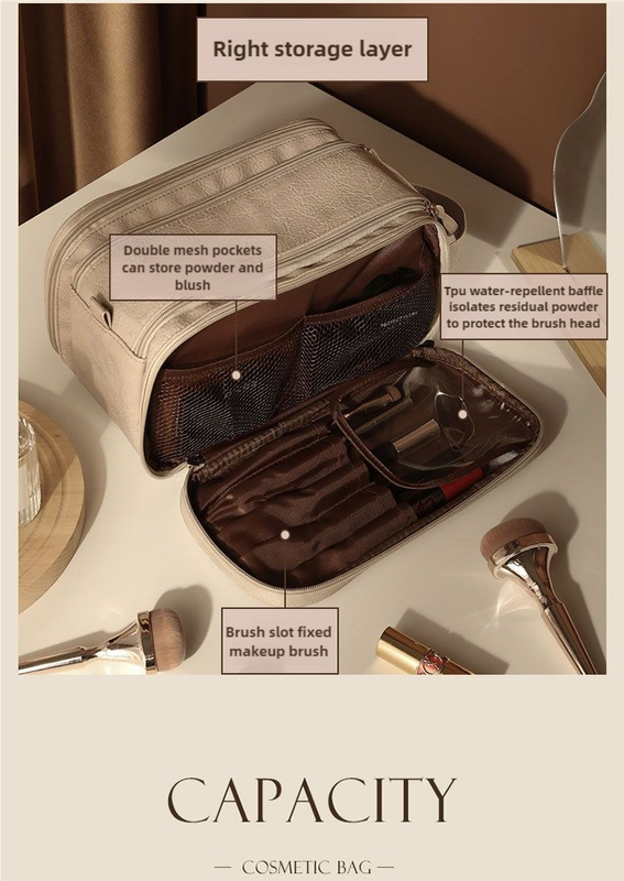Brown Large Capacity Makeup Organizer Bag - Travel-Friendly Double-Zip Cosmetic Storage Case for Women(Makeup items are shooting props and are not included) 5