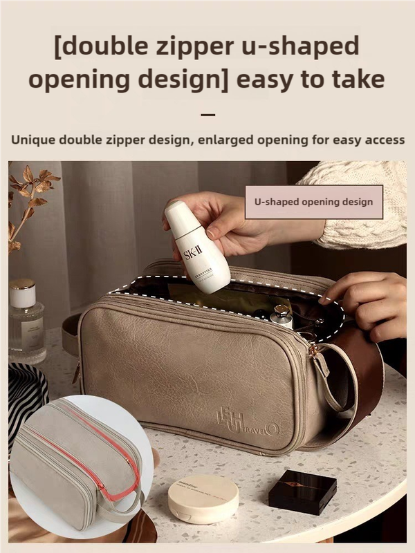 Brown Large Capacity Makeup Organizer Bag - Travel-Friendly Double-Zip Cosmetic Storage Case for Women(Makeup items are shooting props and are not included) 6