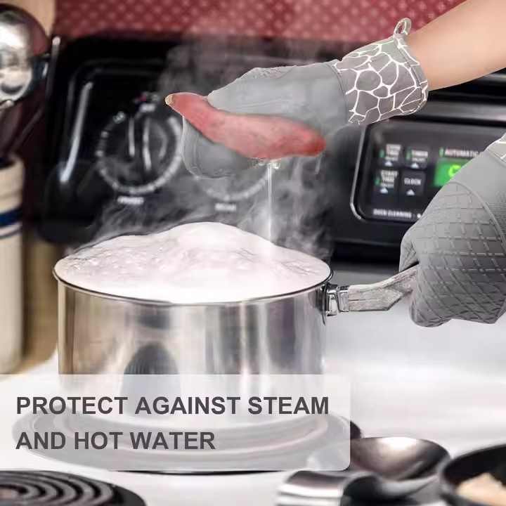 Grey 4-Piece Set Heat Resistant Silicone Kitchen Gloves Set - 4-Piece Set with Oven Mitts & Pot Holders for Safe Cooking & Baking 3