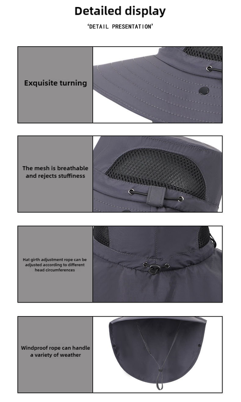 Grey Outdoor Sun Hat with Face & Neck Protection, Quick-Dry, Breathable UV Protection Cap for Men and Women - Adjustable, Dust & Insect Repellent Hiking Hat 5