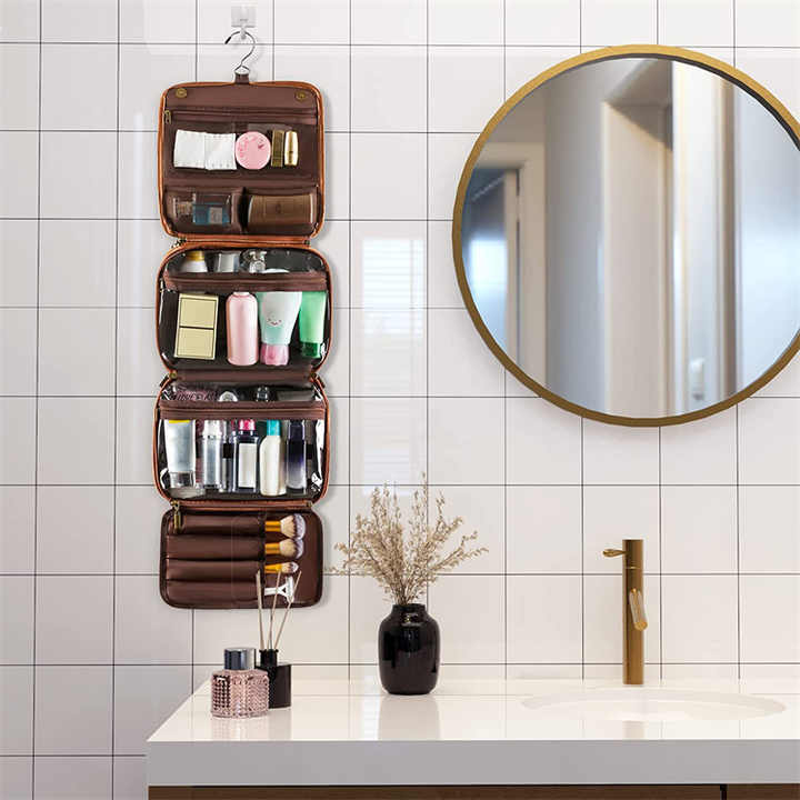 Yellowish Brown Luxury PU Business Travel Toiletry Bag - Large Capacity Waterproof Makeup Organizer with Dividers - Portable & Stylish Bathroom Storage 4