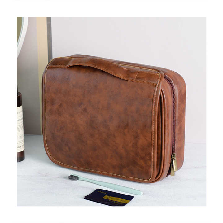 Coffee Luxury PU Business Travel Toiletry Bag - Large Capacity Waterproof Makeup Organizer with Dividers - Portable & Stylish Bathroom Storage 5