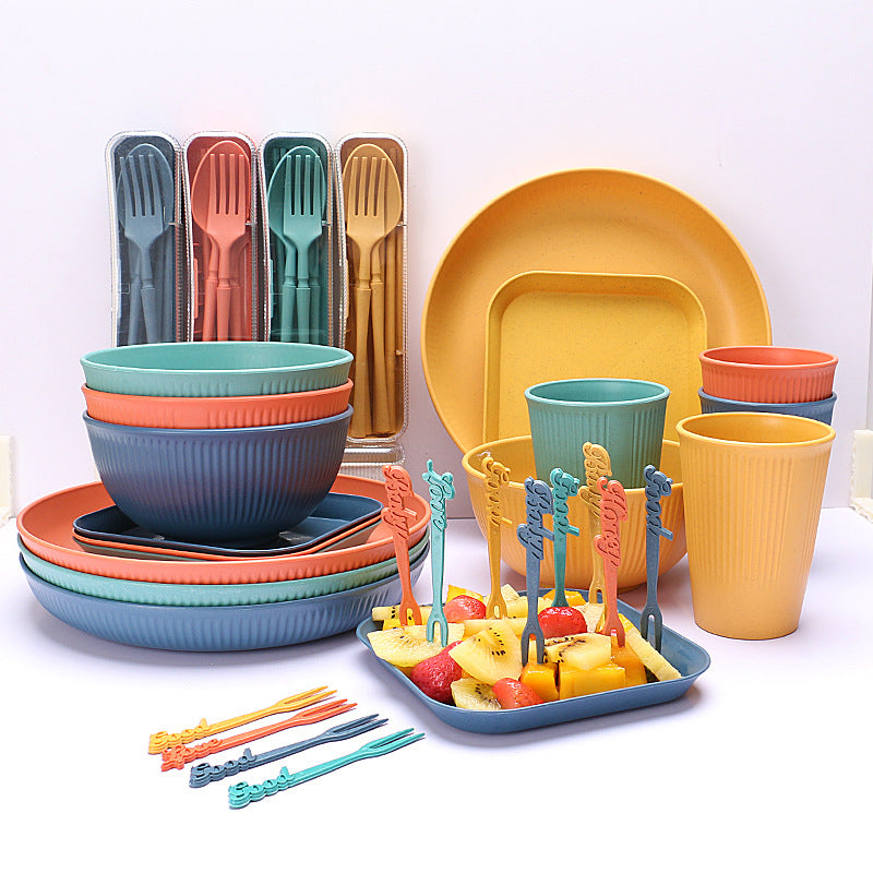 Four-person Set Multicolor Eco-Friendly Wheat Straw Dinnerware Set,  Plate, Bowl, Cup & Utensil Set - Lightweight, Reusable, and Durable for Home, School, and Travel 4