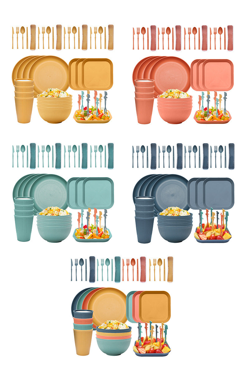 Four-person Set Blue Eco-Friendly Wheat Straw Dinnerware Set,  Plate, Bowl, Cup & Utensil Set - Lightweight, Reusable, and Durable for Home, School, and Travel 6