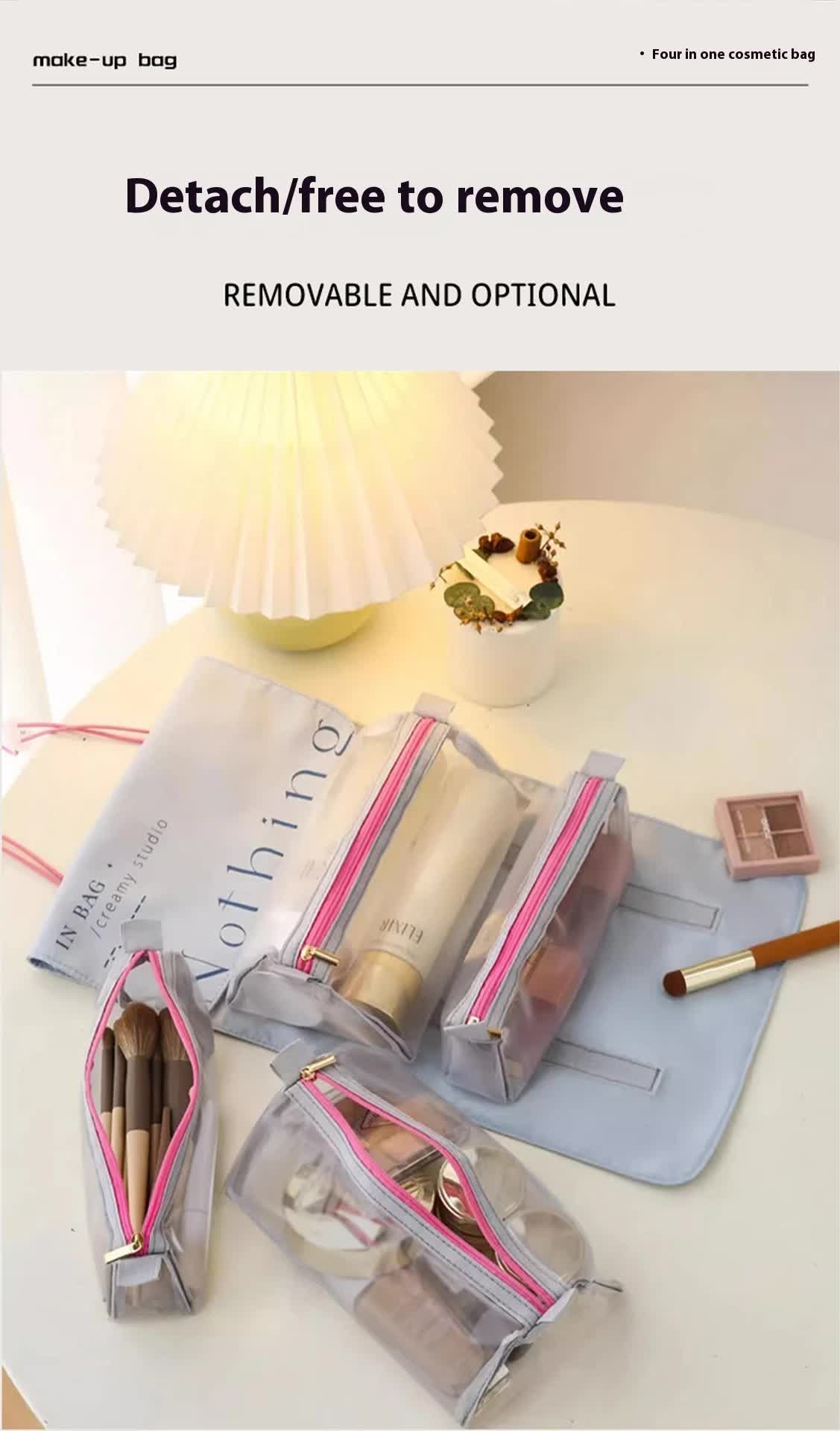 Beige Portable 4-in-1 Cosmetic Storage Bag, Removable Travel Organizer for Makeup, Toiletries, and Small Accessories 4