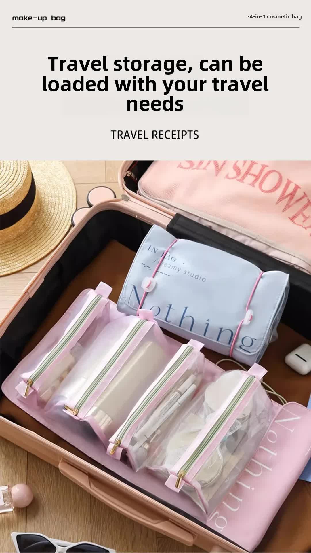 Beige Portable 4-in-1 Cosmetic Storage Bag, Removable Travel Organizer for Makeup, Toiletries, and Small Accessories 5