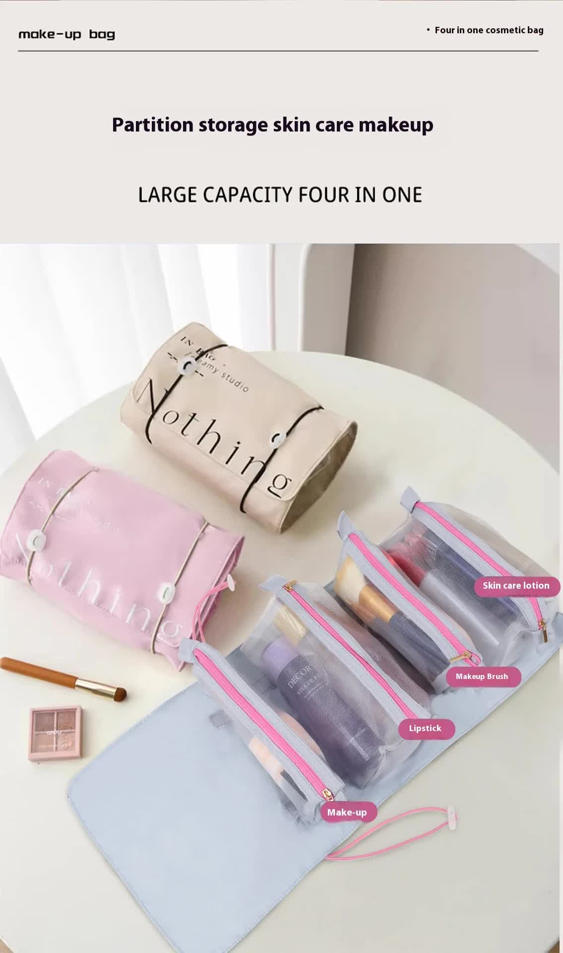 Purple Portable 4-in-1 Cosmetic Storage Bag, Removable Travel Organizer for Makeup, Toiletries, and Small Accessories 3