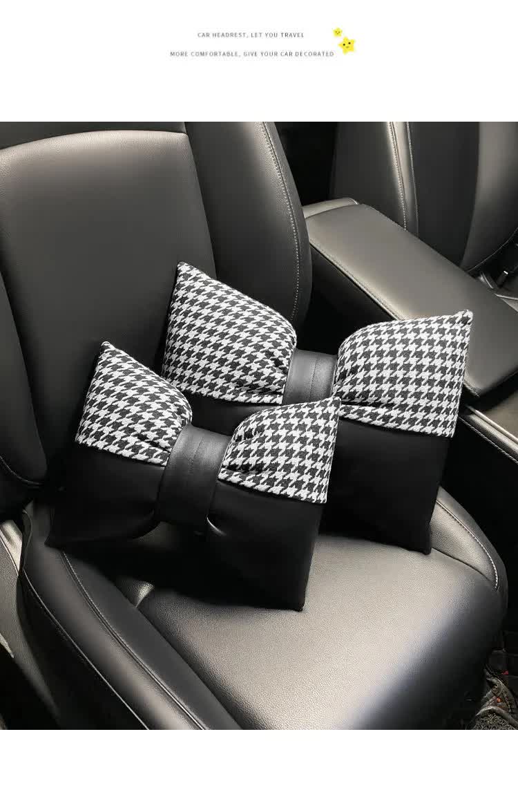 1 Pair (Headrest + Pillow) Black Cute Bowtie Car Headrest Pillow and Waist Cushion Set, Stylish Houndstooth Design, Soft Neck and Back Support for Car Interior 7