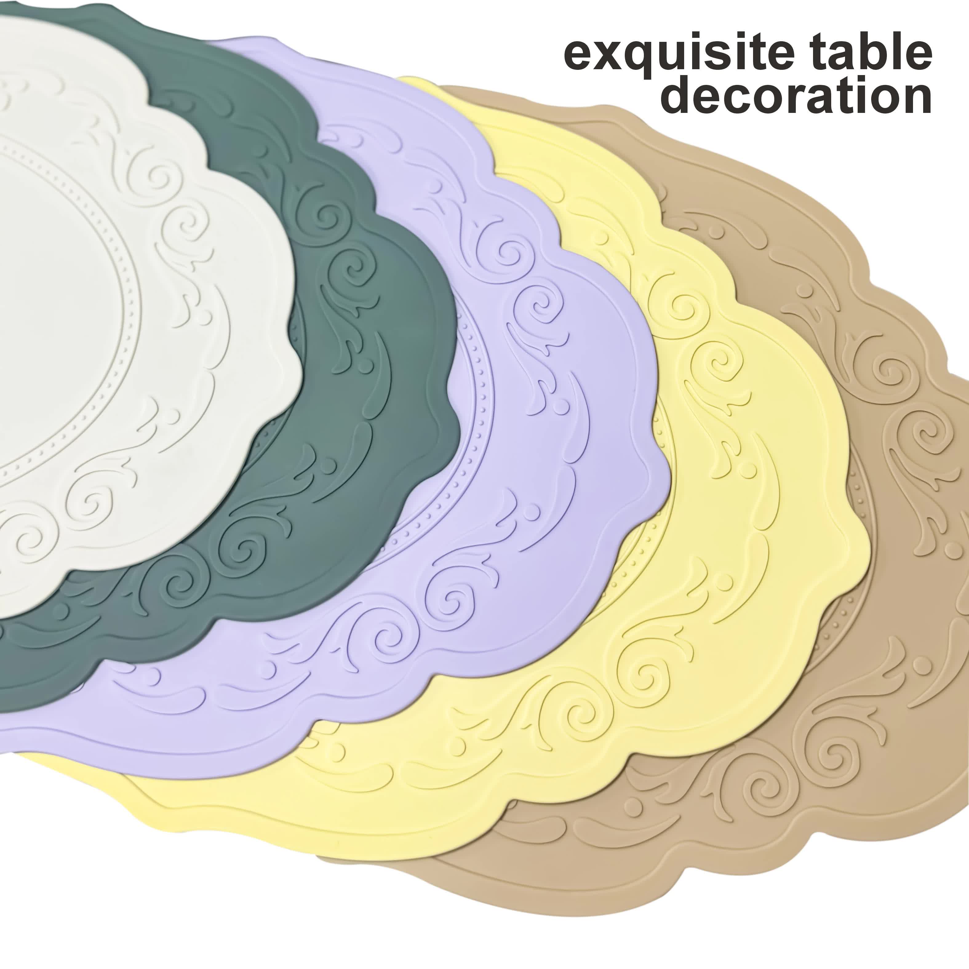 2 Pcs Orange Oval Embossed Floral Edged Silicone Placemats, Non-Slip, Heat-Resistant, Easy-to-Clean Dining Table Mats, Korean and European Style 3