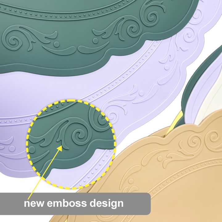2 Pcs Green Oval Embossed Floral Edged Silicone Placemats, Non-Slip, Heat-Resistant, Easy-to-Clean Dining Table Mats, Korean and European Style 3