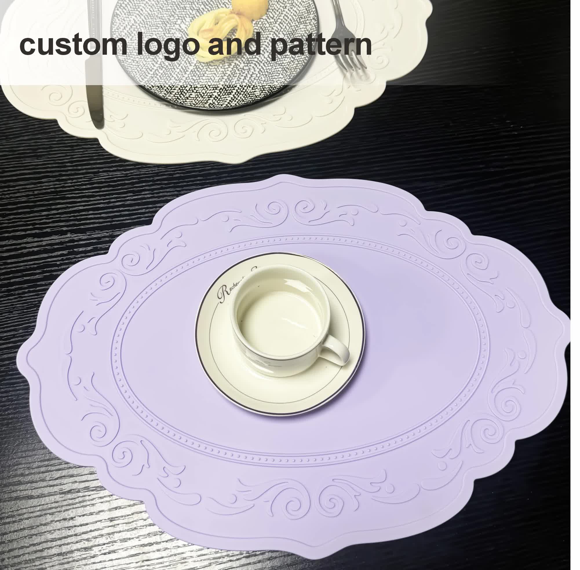 2 Pcs Green Oval Embossed Floral Edged Silicone Placemats, Non-Slip, Heat-Resistant, Easy-to-Clean Dining Table Mats, Korean and European Style 4