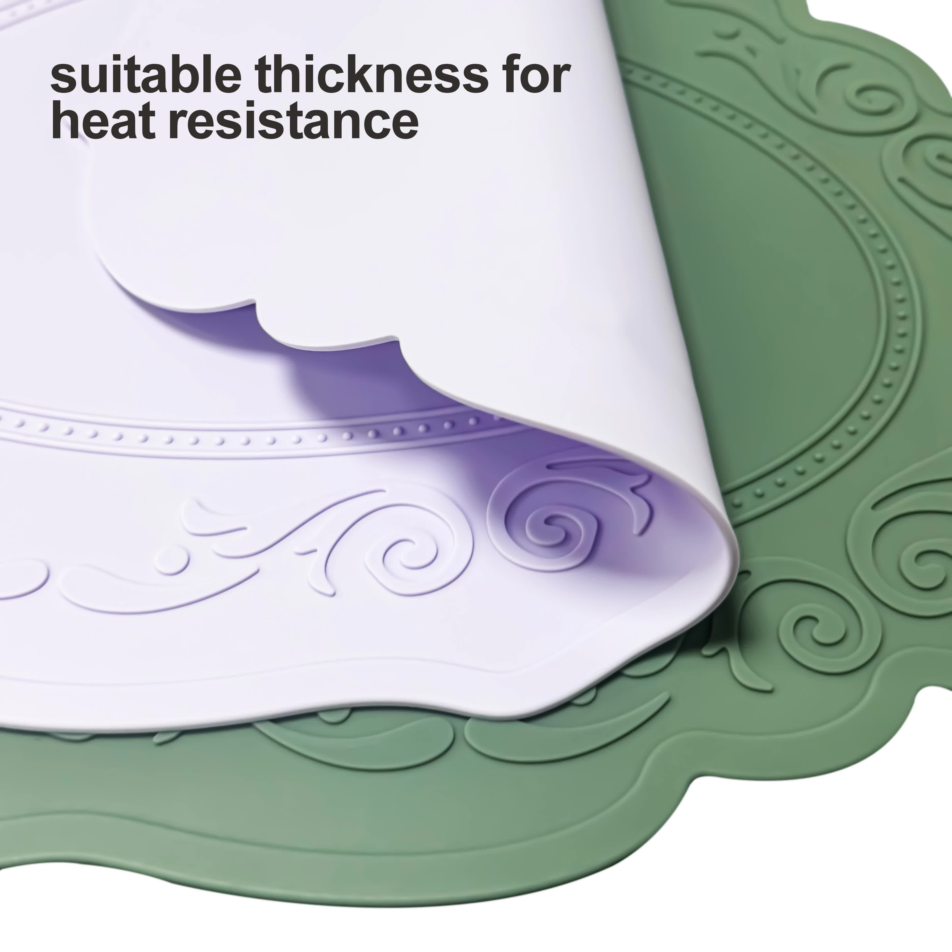 2 Pcs Green Oval Embossed Floral Edged Silicone Placemats, Non-Slip, Heat-Resistant, Easy-to-Clean Dining Table Mats, Korean and European Style 5