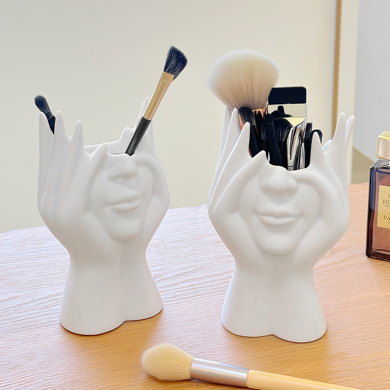 2 Pcs White Elegant Hand-Shaped Brush Holder – Creative Makeup Brush Organizer for Vanity and Desk(Makeup brush not included) 4