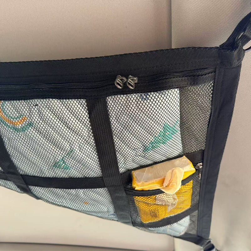 Beige Car Roof Triangular Storage Net - Adjustable Ceiling Organizer for Vehicles 3