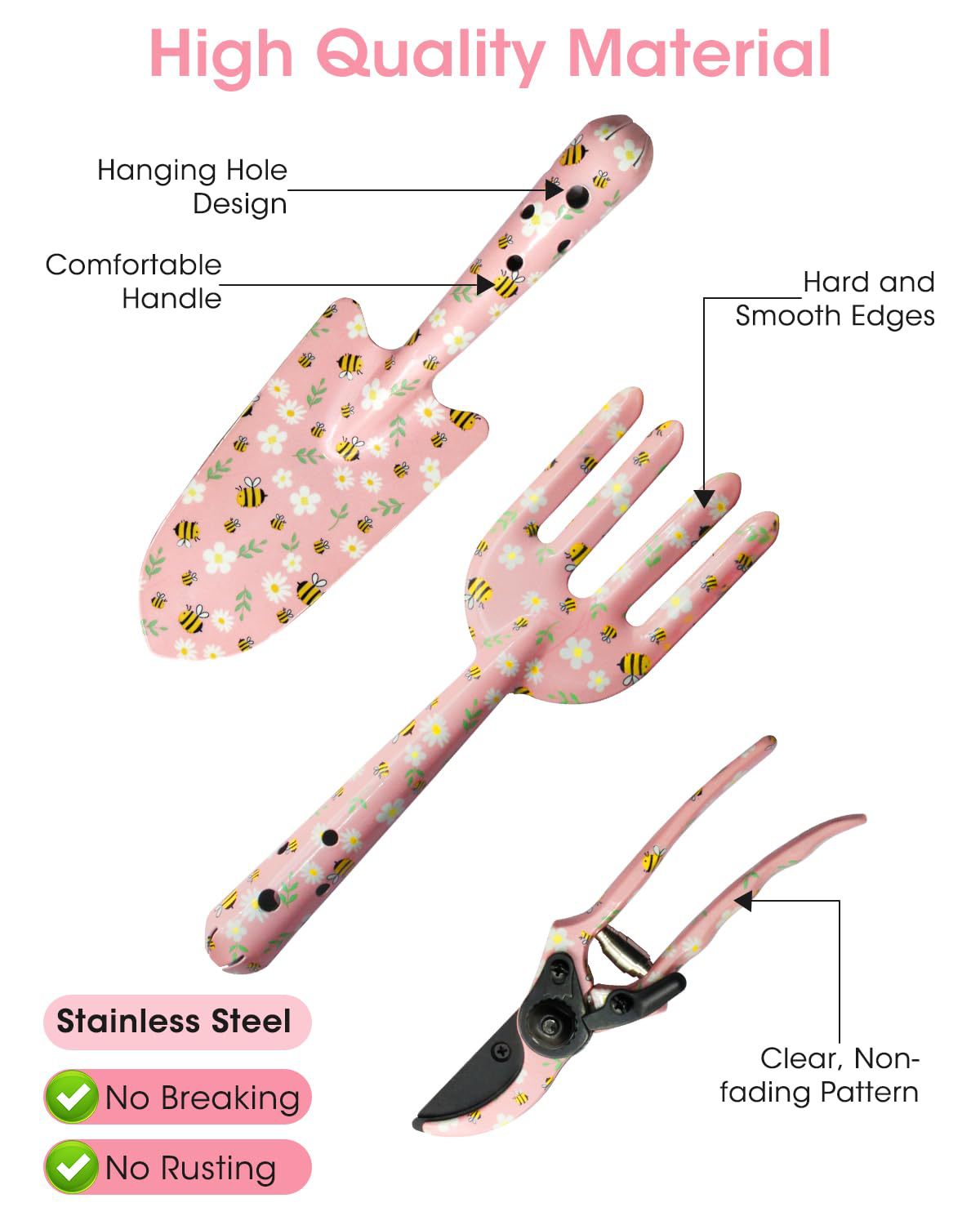 Pink 3-Piece Floral Print Garden Tool Set – Carbon Steel Pruner, Cultivator & Trowel for Gardening 3