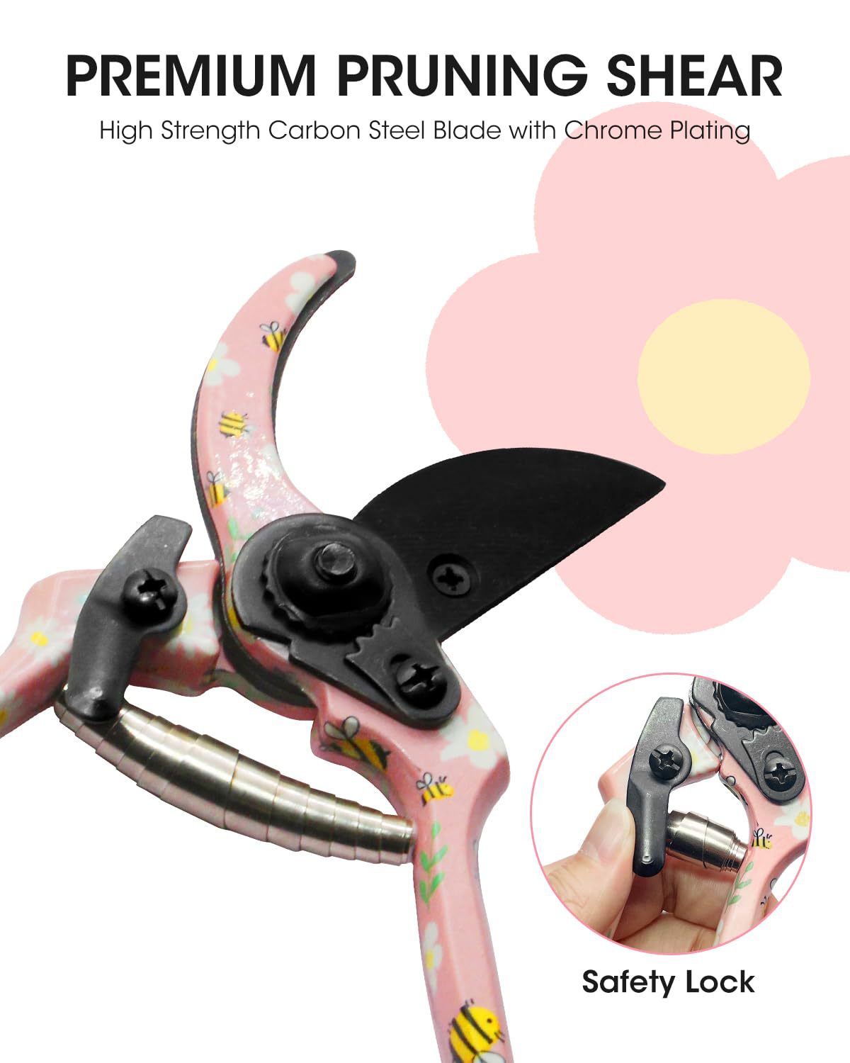 Pink 3-Piece Floral Print Garden Tool Set – Carbon Steel Pruner, Cultivator & Trowel for Gardening 4