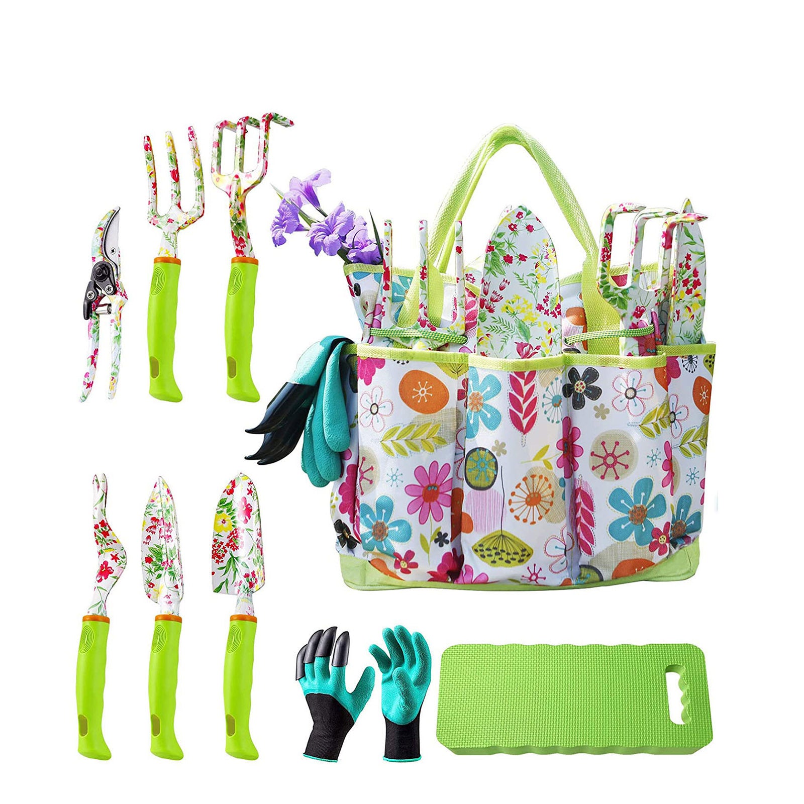 Green 9-Piece Floral Garden Tool Set for Women – Complete Gardening Kit with Tote Bag, Pruners, and Gloves