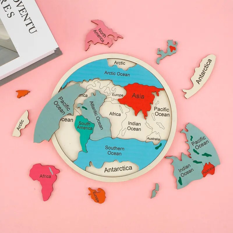 Colorful Wooden World Map Puzzle – 7 Continents Educational Geography Toy for Kids 3