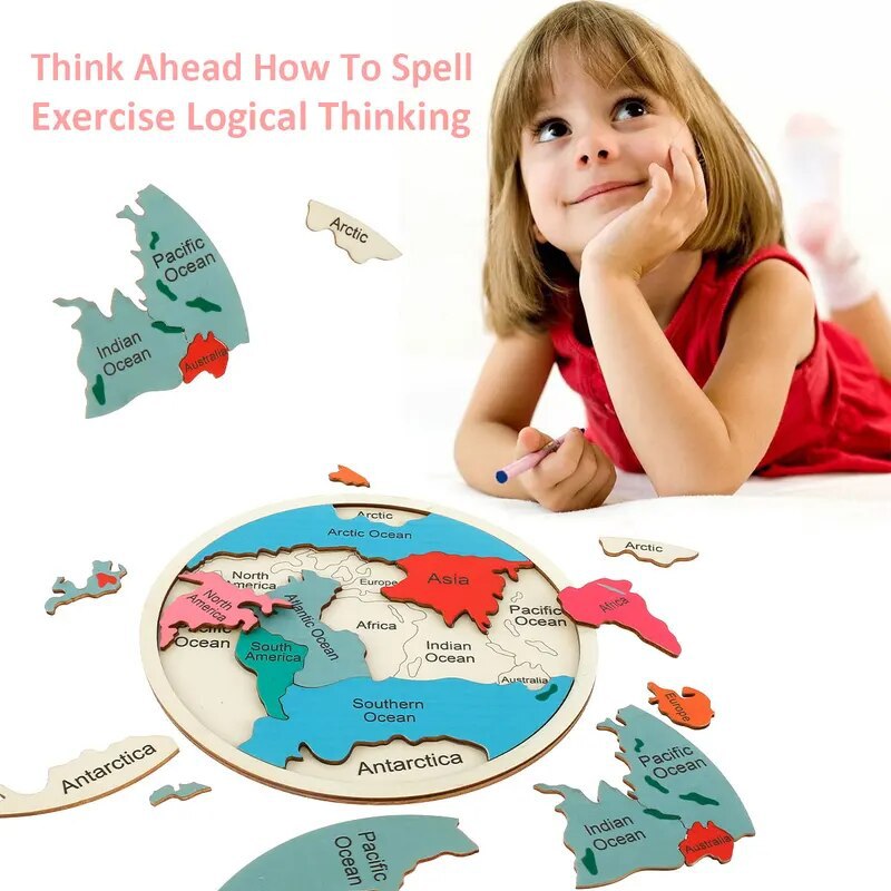 Colorful Wooden World Map Puzzle – 7 Continents Educational Geography Toy for Kids 4