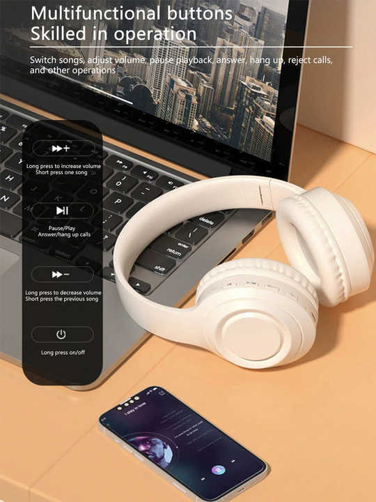 Off White Wireless Headphones - 400mAh, 16H Playtime, SD Card & Aux Support 3