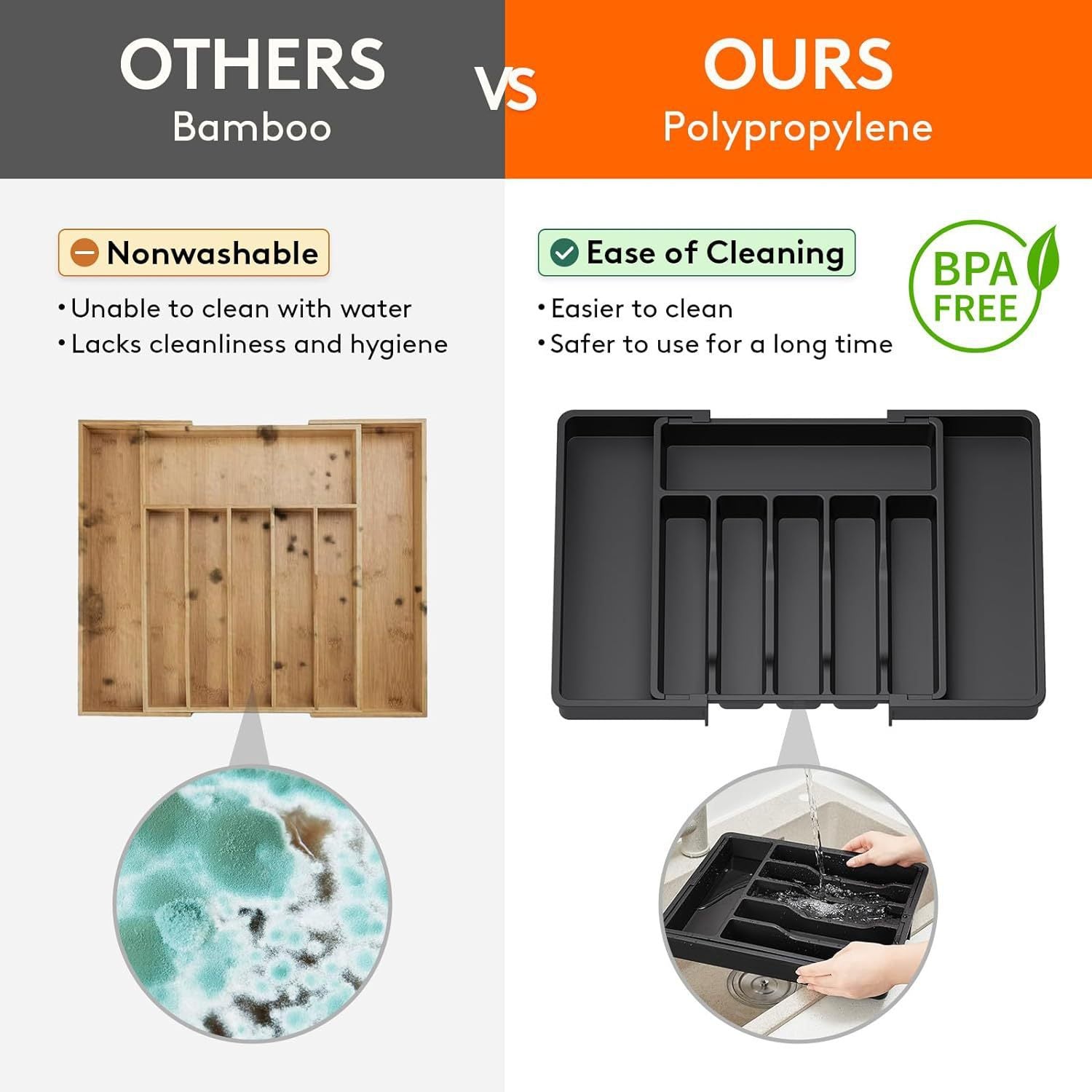 Black Adjustable Polypropylene Kitchen Drawer Organizer – 8 Compartments, Large Capacity, Easy to Clean 4