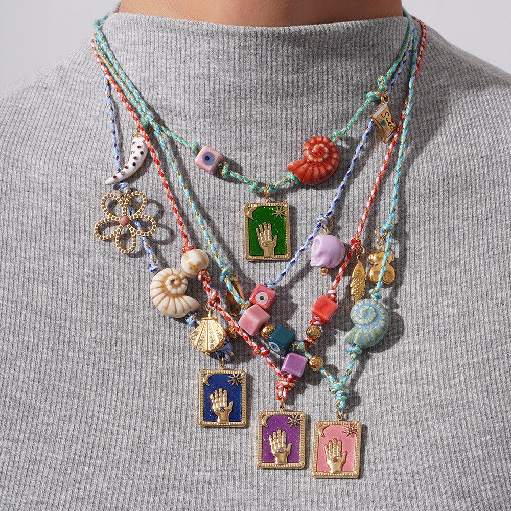 Purple Pendant Style Colorful Necklace for Women - Trendy Hand & Shell Jewelry Set 3