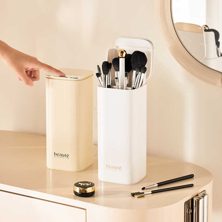 White Automatic Lifting Makeup Brush Holder with 4 Compartments, Large Capacity Cosmetic Brush Organizer(Makeup brushes are shooting props and are not included) 3