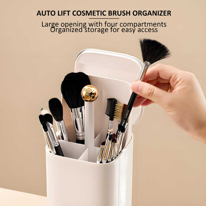 White Automatic Lifting Makeup Brush Holder with 4 Compartments, Large Capacity Cosmetic Brush Organizer(Makeup brushes are shooting props and are not included) 5