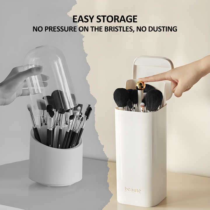 Black Silver Automatic Lifting Makeup Brush Holder with 4 Compartments, Large Capacity Cosmetic Brush Organizer(Makeup brushes are shooting props and are not included) 7