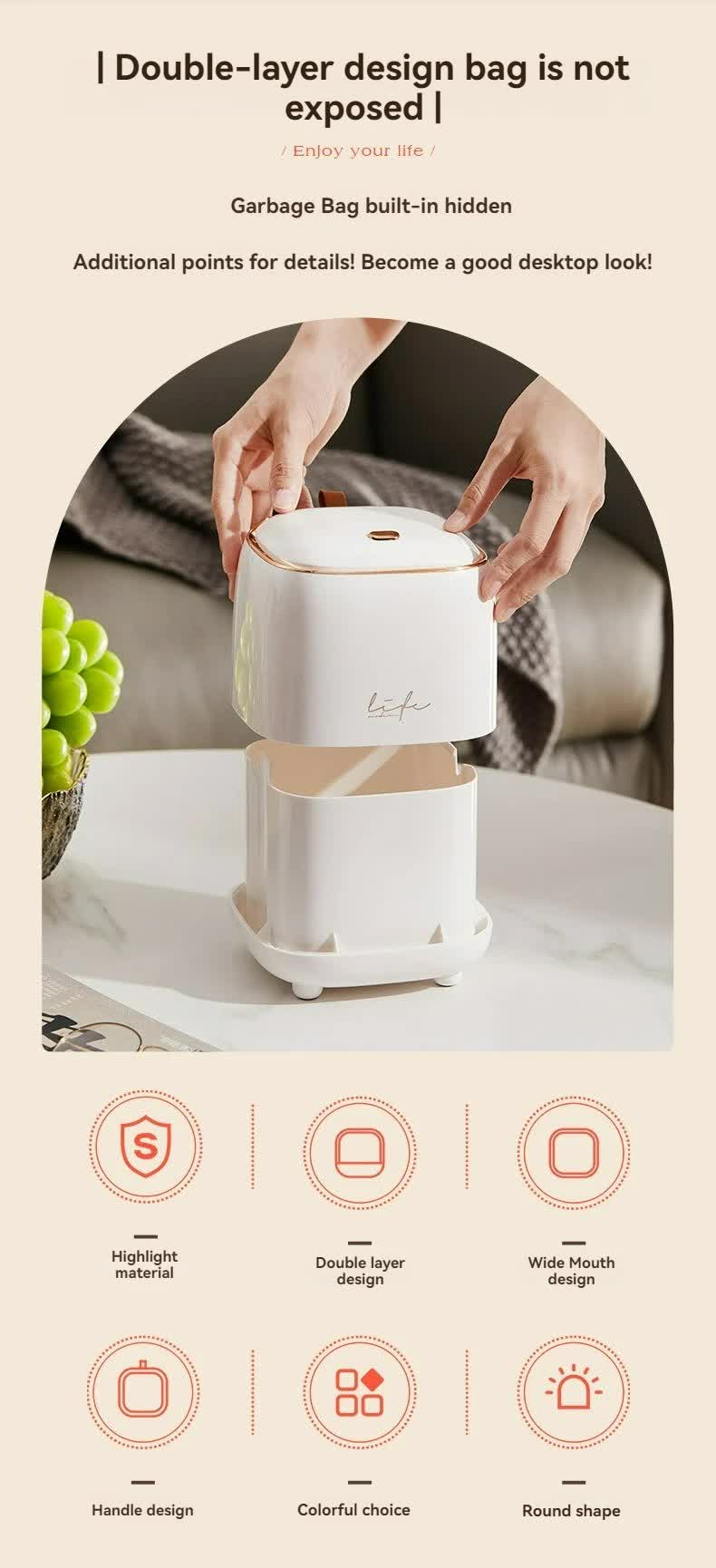 White Portable Tabletop Trash Can with Dual-Layer Design – Convenient for Desk Organization 5