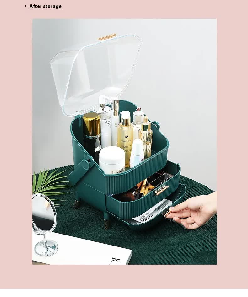 Dark Green Multifunctional Makeup Organizer with Large Capacity and Transparent Design(Makeup is a prop for shooting and is not included) 5