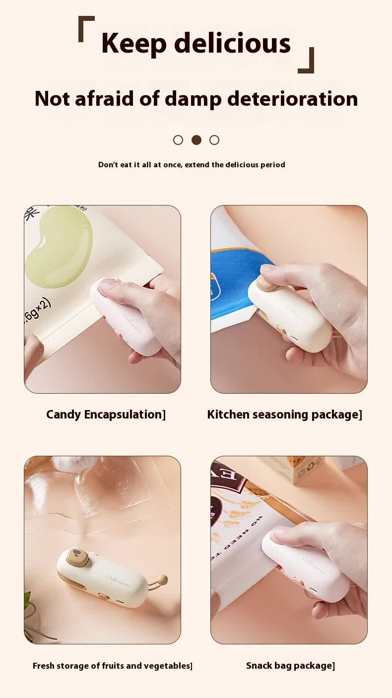 2 Pcs Light Brown Bear Mini Handheld Heat Sealing Machine for Food Bags - Compact, Portable, USB Rechargeable 4