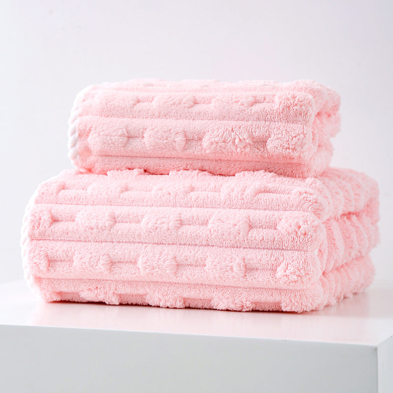 Pink Thickened Coral Fleece Towel Set, Large Bath Towel & Face Towel Combo, Soft & Absorbent Towels for Home Use